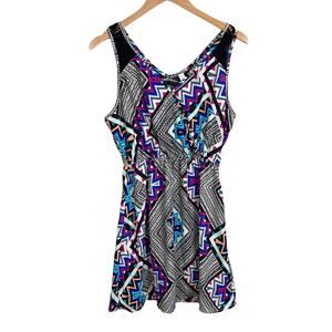 Xhilaration Sleeveless Black White Mulitcolor Chevon Lace Double V Neck Dress M